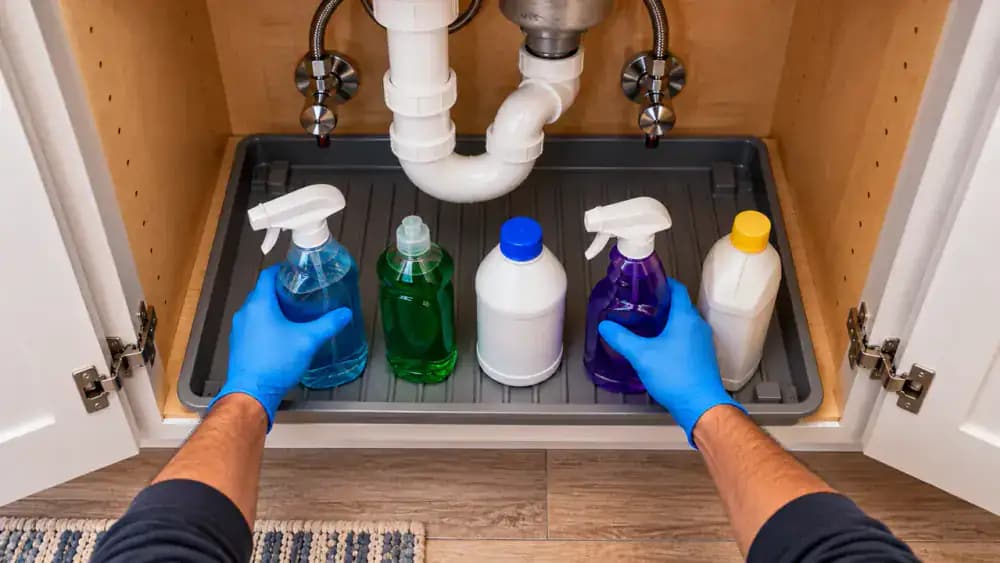 Overhead cutaway view of a clean under-sink kitchen cabinet showing blue-gloved hands repositioning three upright, capped cleaning bottles inside a shallow waterproof containment tray, leaving visible gaps along the cabinet walls, unobstructed seams, and accessible plumbing shutoff valves.