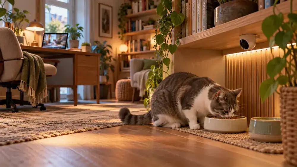 Fluffy gray-and-white cat eating peacefully beneath a discreet bookshelf pet camera while its owner checks a live tablet view from a sofa in another room.