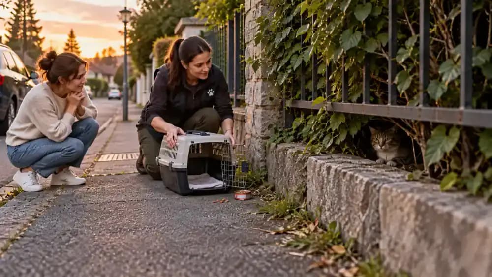 A frightened cat hides behind a low fence near a residential road while its owner waits safely on the sidewalk and an animal rescue volunteer prepares a carrier.