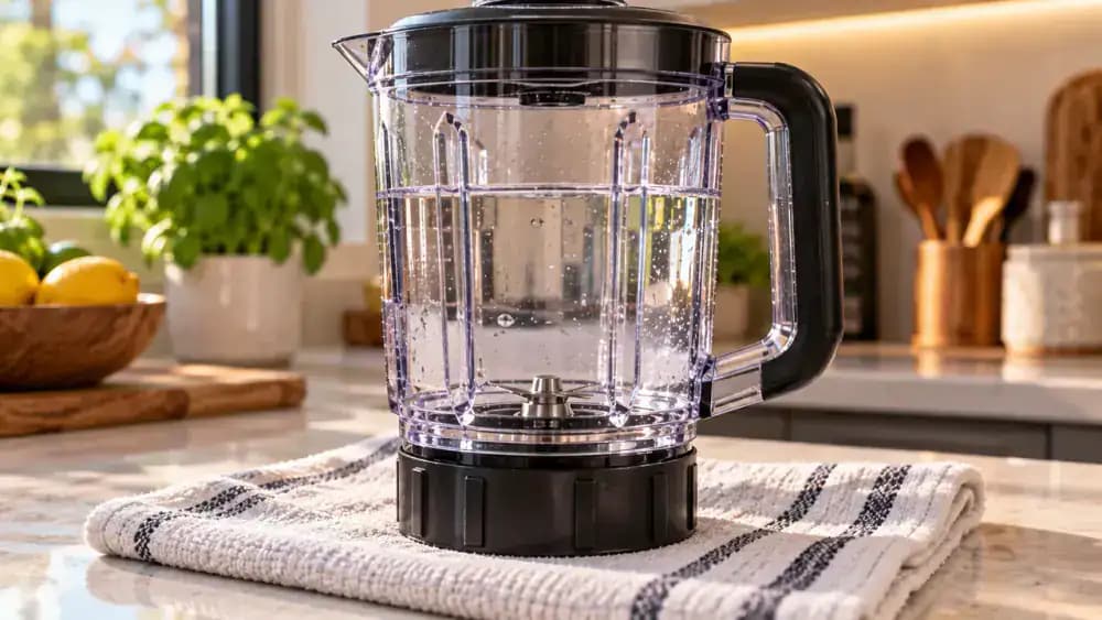 Close-up of a transparent blender jar with its blade assembly and gasket reinstalled, standing on a white absorbent towel while an adult pours cool water from a measuring cup and inspects the lower connection for leaks.