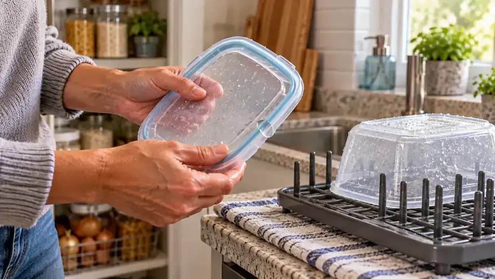 Transparent plastic food container with orange tomato stains around its bottom corners stored upright on a white kitchen cabinet shelf, with its silicone-gasket lid resting diagonally across the opening to leave a ventilation gap and no heavy items stacked on top.
