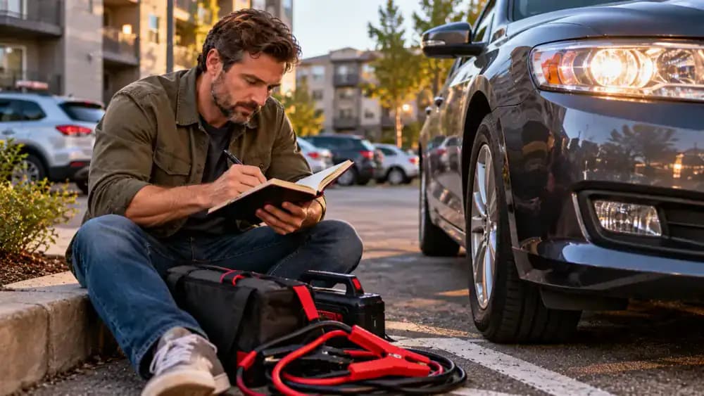 Car owner recording slow cranking, clicking, parking duration, and previous roadside assistance in a maintenance journal beside a parked American sedan.