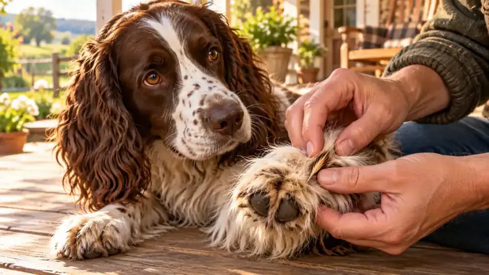 Black and white English springer spaniel resting on a farmhouse veranda while its owner examines a front paw with a pointed grass seed caught in the fur near the toes.