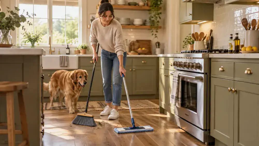 Person cleaning overlooked vinyl plank flooring beneath a pull-out kitchen trash can, using a soft-bristle hand broom to remove crumbs before wiping a small greasy mark with a microfiber cloth.