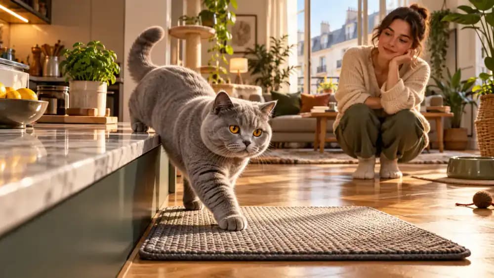 Gray British Shorthair cat resting on a nonslip cotton mat beside a wall cushion in a modern apartment while its owner kneels nearby offering a treat.