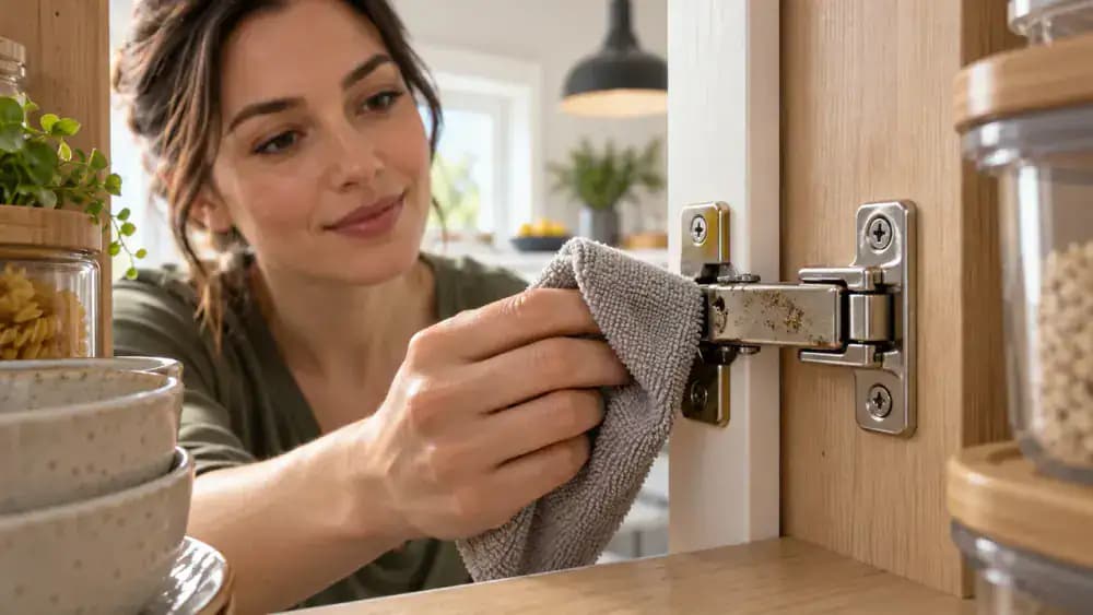 Extreme close-up inside an open honey-brown elm kitchen cabinet showing an adult gently wiping the flat metal arm of a European-style concealed door hinge with a folded dry ivory microfiber cloth while keeping grease away from the pivot, screws, and surrounding wood.