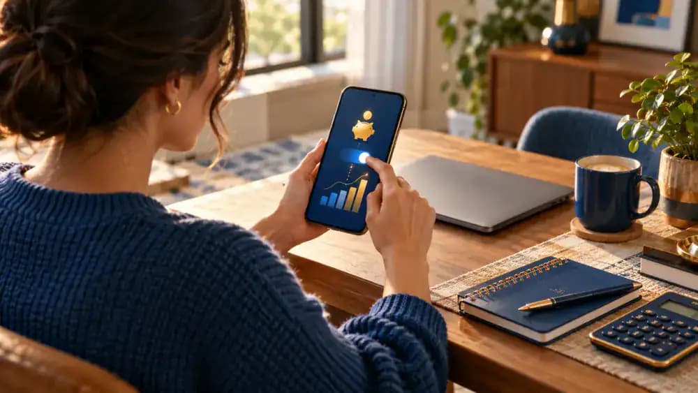 Person setting up a recurring savings transfer on a smartphone beside a closed laptop.