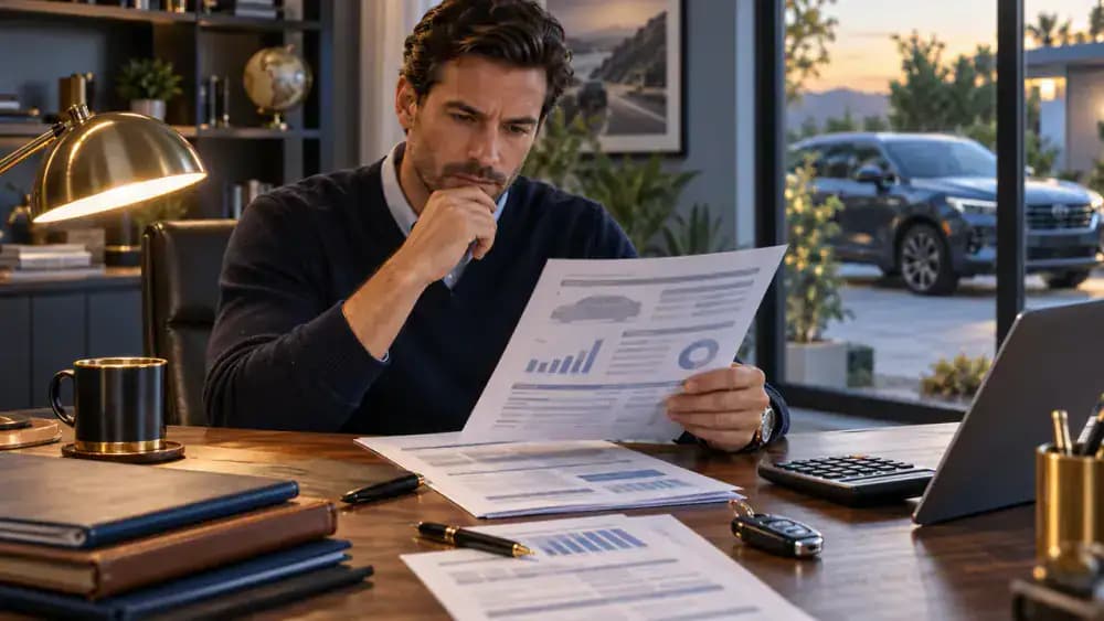 Consumer carefully reading an auto financing agreement