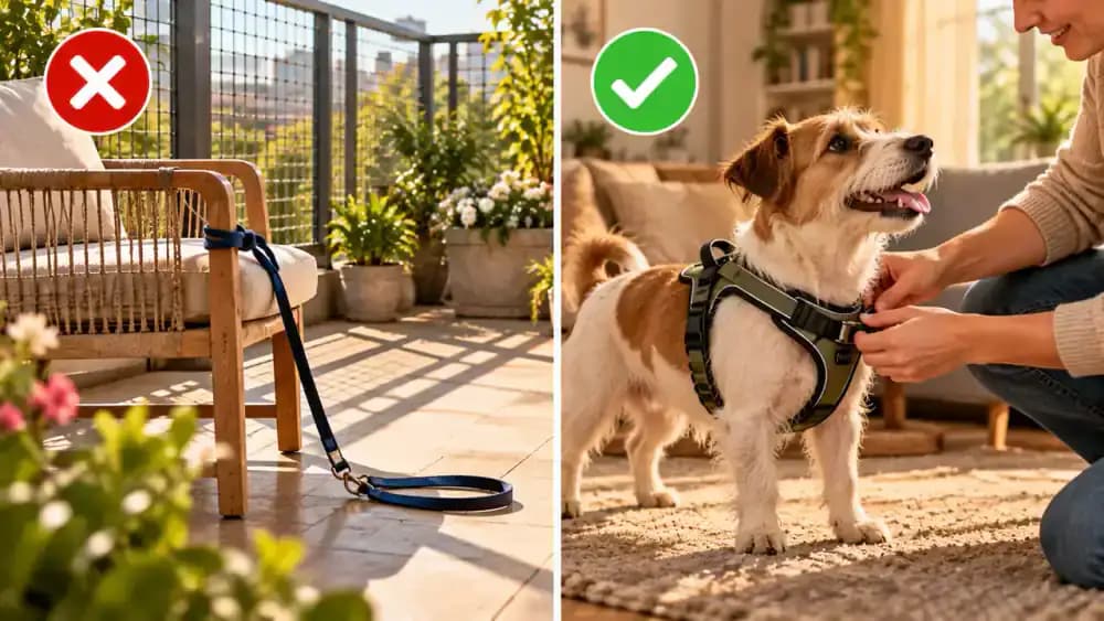 Safety illustration showing a leash tied to an empty balcony chair with a red warning symbol and entanglement indicators, followed by an owner fitting a comfortable harness on a dog indoors.