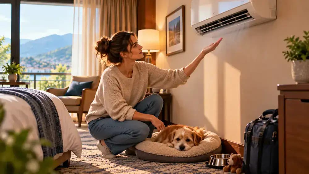 Pet owner adjusting a digital hotel thermostat, checking airflow near an air conditioning vent, and touching the tile floor while a small dog moves away from the vent, followed by a call to reception.