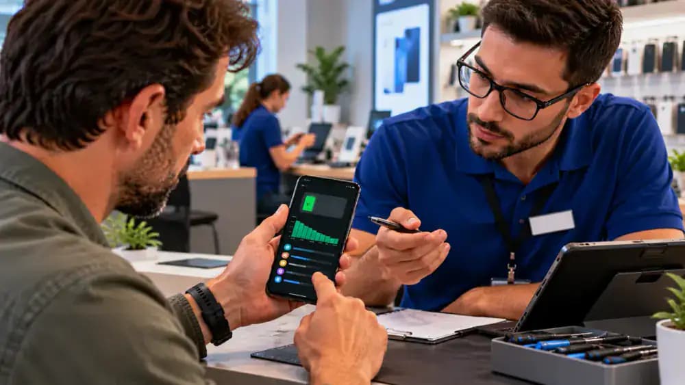 Customer at an authorized smartphone service center showing an Android Battery usage graph to a service representative, with a fictional service intake form and separate illustrative warnings for battery swelling, overheating, and physical damage.