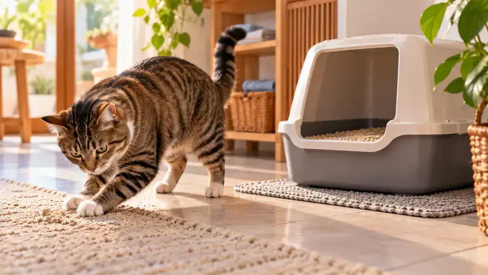 Cat walking calmly away from a litter box beside a three-panel comparison showing hesitant entry, repeated scratching outside the tray, and reluctance to approach, while an owner observes quietly from a distance.