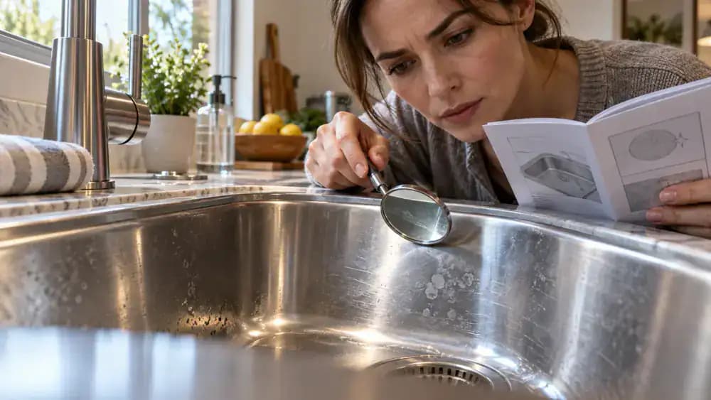 Close-up of a homeowner using a small inspection mirror and fingertip to examine persistent cloudy discoloration and faint scratches on a stainless steel kitchen sink, with a manufacturer care booklet nearby.