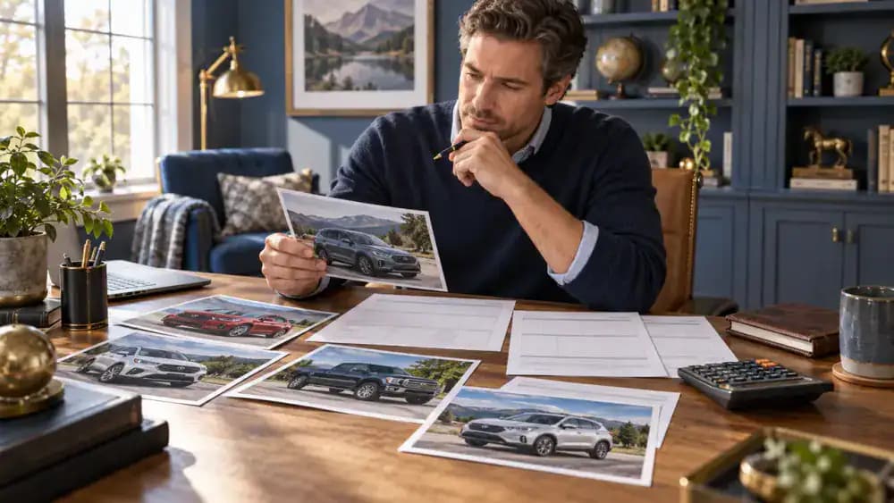Vehicle owner checking printed vehicle photographs against valuation worksheets.
