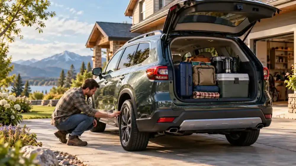 Driver using a compact inspection light to examine the rear tire tread and sidewall of a parked SUV with its cargo hatch open and travel bags packed for a road trip.