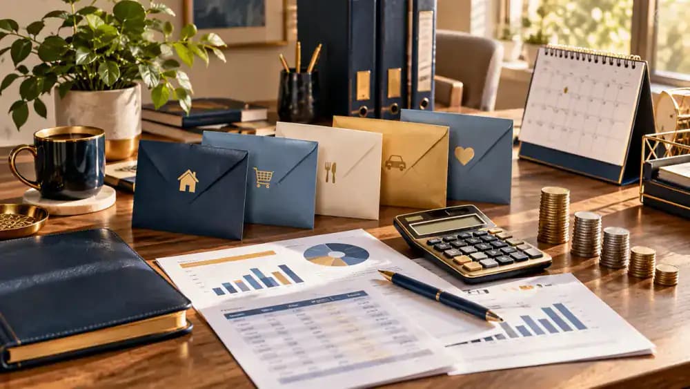 Household budget planner with calculator and monthly savings envelopes