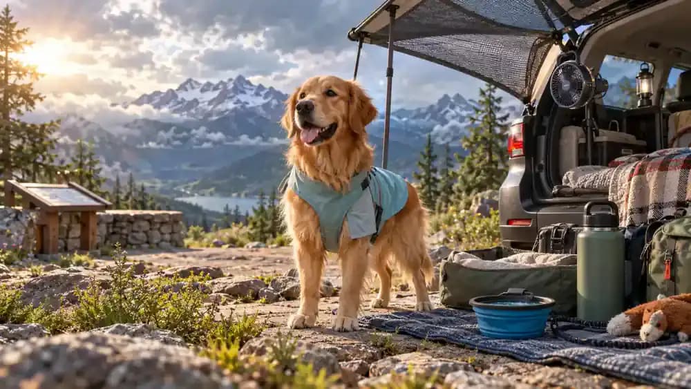 Dog at a mountain travel stop with a light coat, shade, water and ventilation supplies nearby