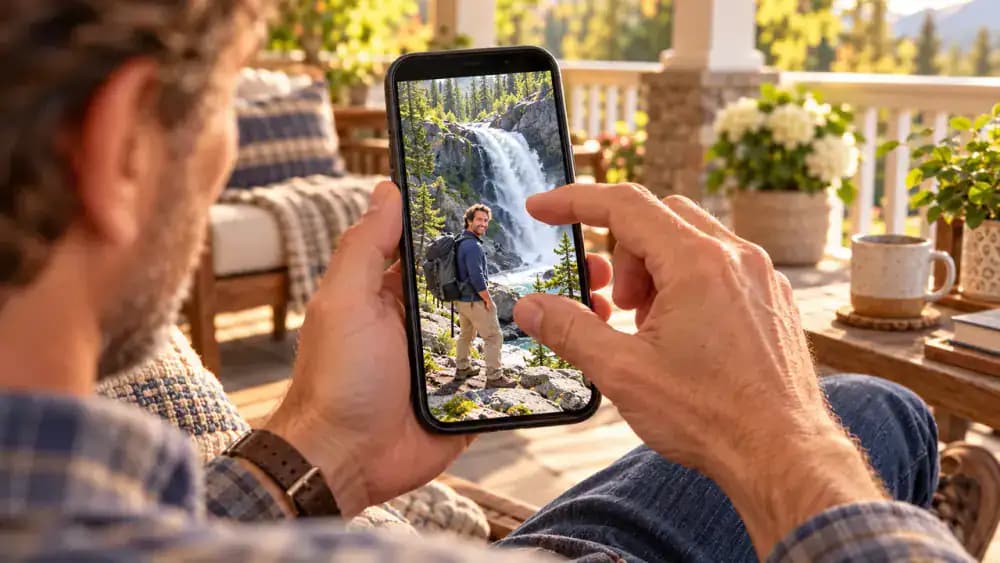 Adult using a smartphone on a bright enclosed front porch to zoom in on an older family hiking photo beside a waterfall, checking that the saved image loads in full detail.
