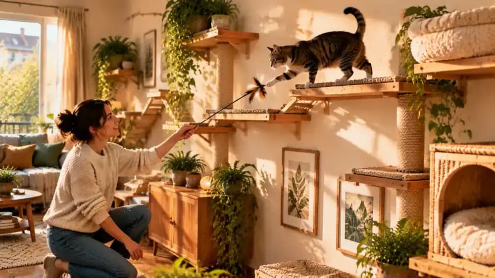 Owner guiding a cat along three connected climbing platforms with a wand toy, then offering a small treat and putting the toy away as the cat relaxes.