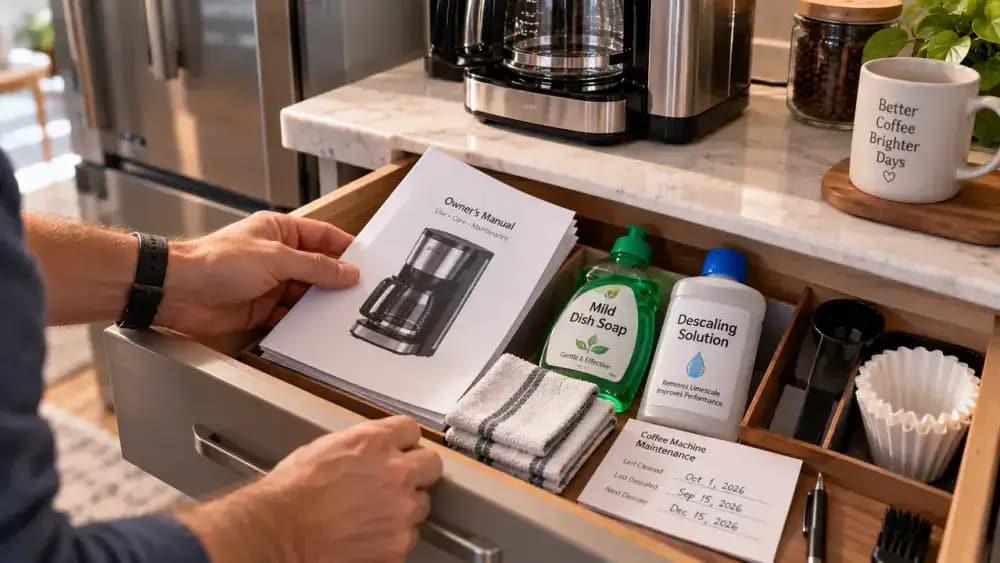 Hand checking a dated coffee maker maintenance card inside a drawer holding the manual, mild dish soap, and manufacturer-approved descaler, with a clean assembled coffee maker in the background.