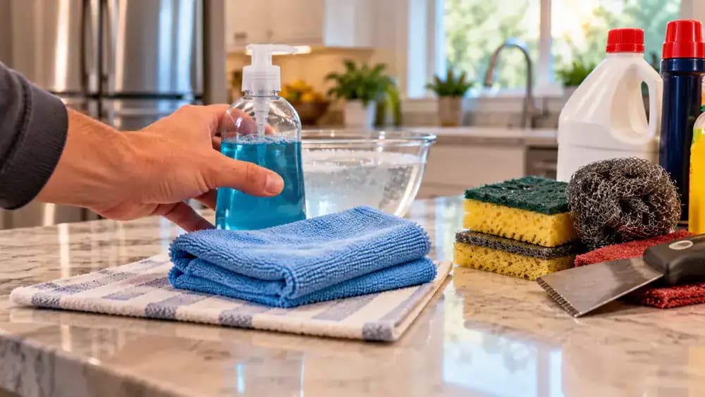 Person selecting mild dish soap, warm water, and a microfiber cloth for cleaning a refrigerator door gasket while leaving harsh cleaners, an abrasive pad, and a scraping tool unused on a separate countertop.