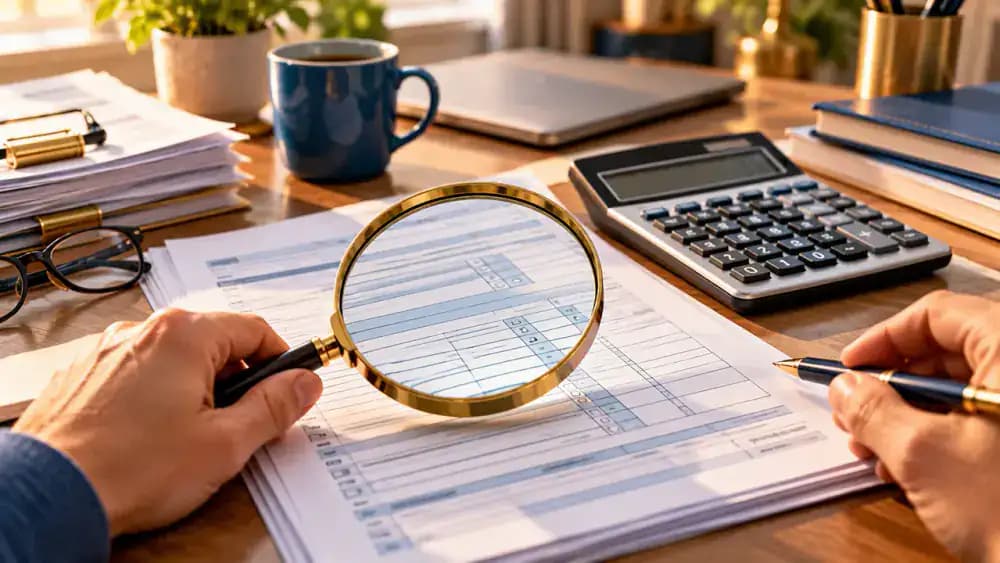Generic tax form under a magnifying glass beside a calculator, with no readable writing.