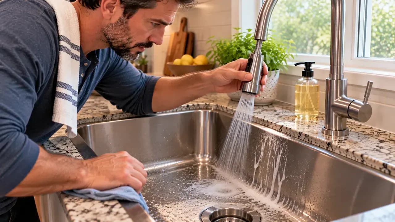 Adult homeowner rinsing a freshly cleaned stainless steel basin wall with a gentle faucet stream directed downward along the metal grain, washing soap trails toward the drain and clearing suds from a curved seam.