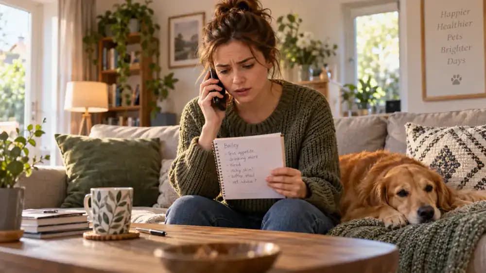 Concerned dog owner calling a veterinary clinic while reviewing written observations