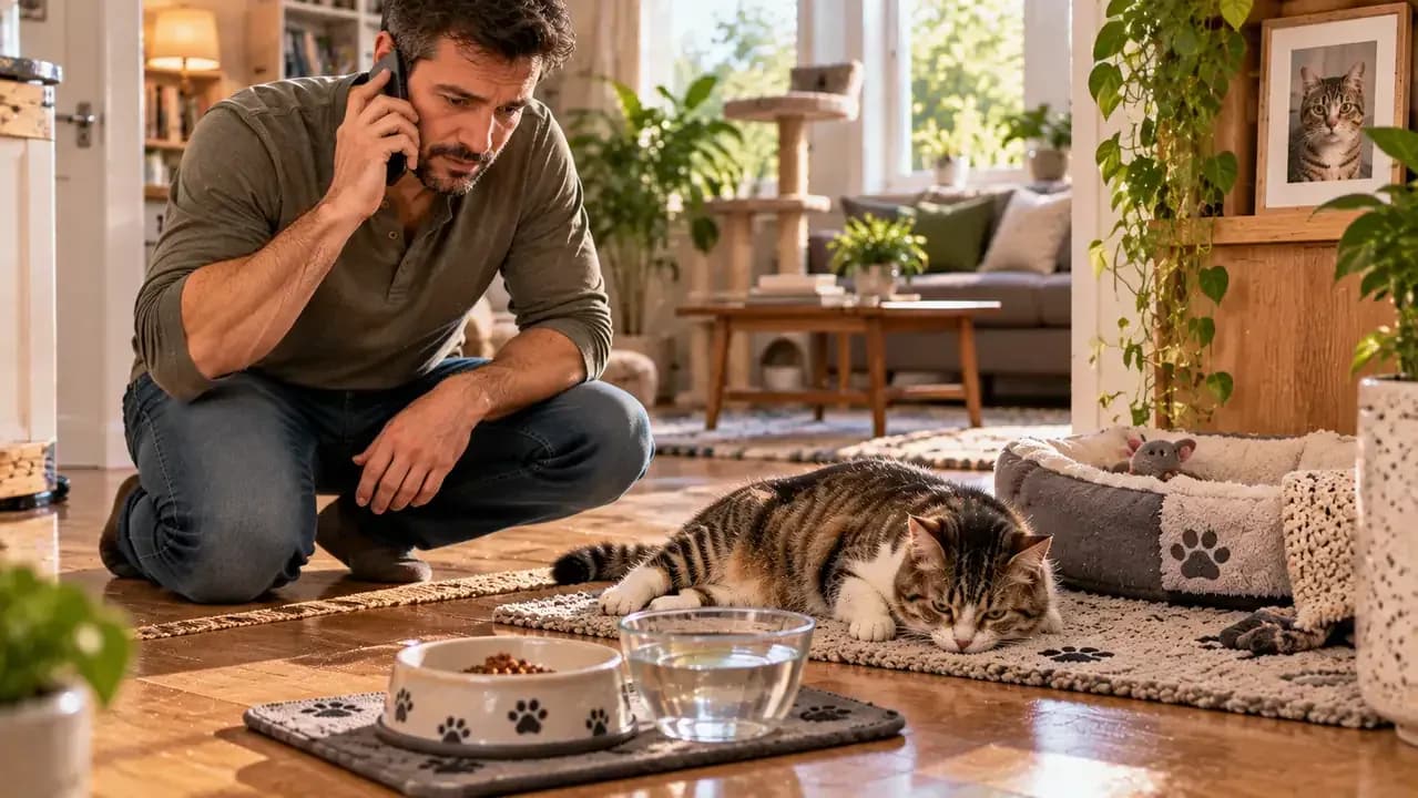 Subdued cat resting near an untouched water bowl while the owner prepares to contact a veterinarian