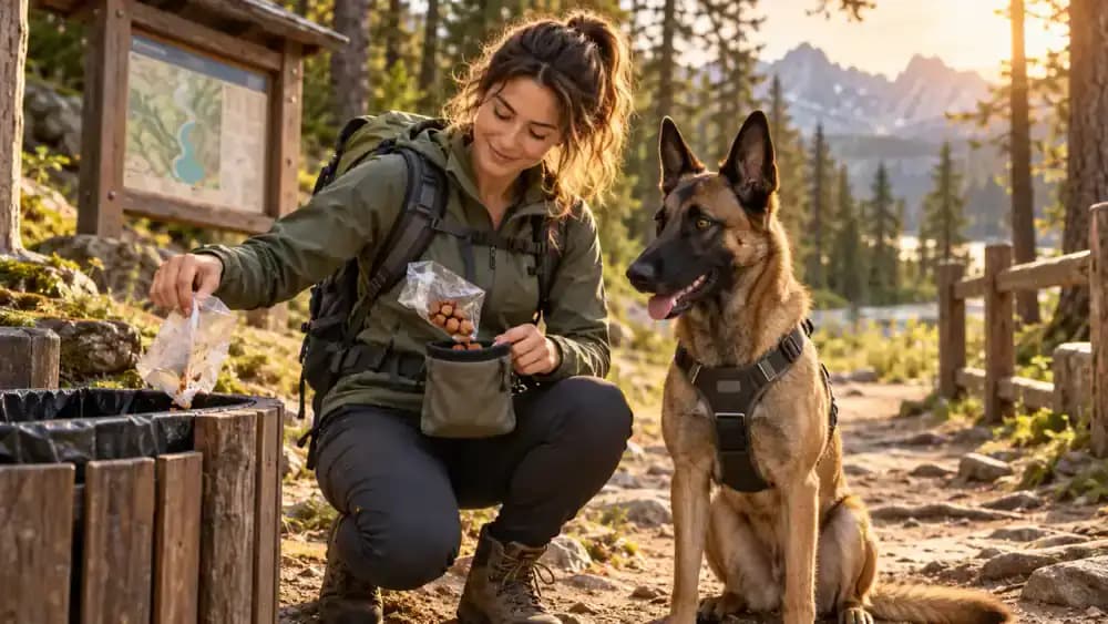 Belgian Malinois waiting beside an owner organizing bite-sized training treats in a clean reward pouch at a sunny woodland trailhead, with an insulated container and cleaning supplies on an open vehicle tailgate.
