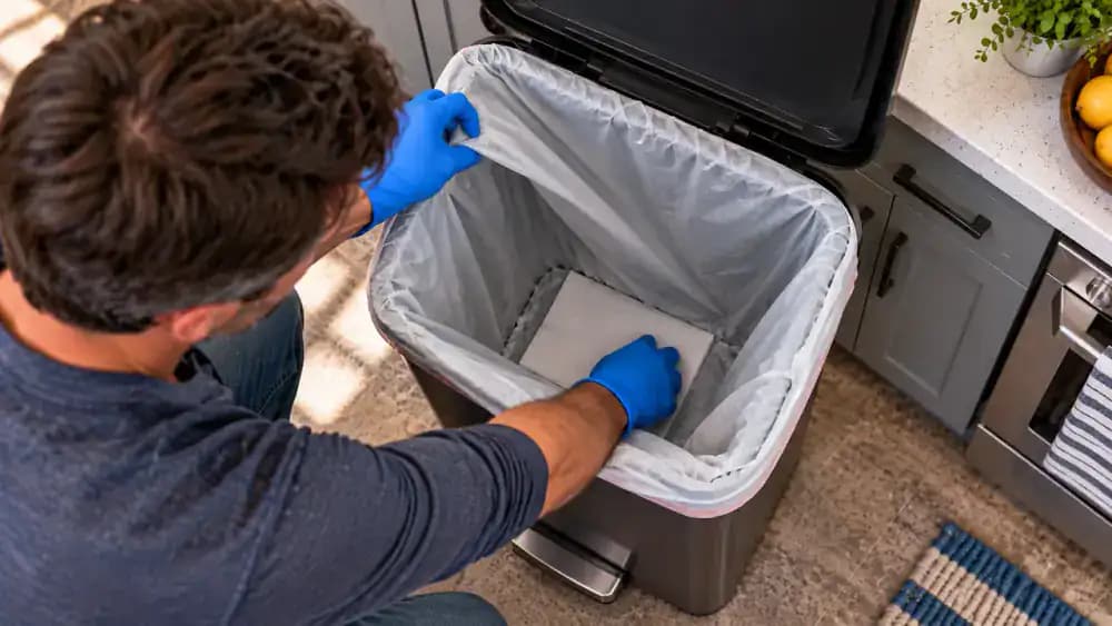 Gloved person holding a removed trash bag upright beside an empty kitchen trash can while checking the liner, clean can bottom, and cabinet area for leaks or damp spots.