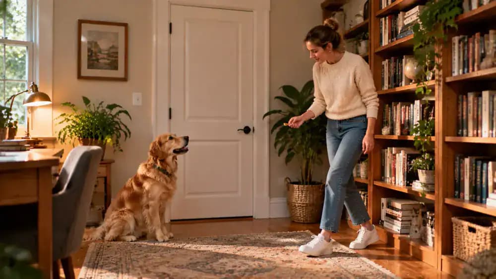 An owner gently places keys on a console table beside an interior doorway while the dog remains behind the threshold and receives a treat for waiting.