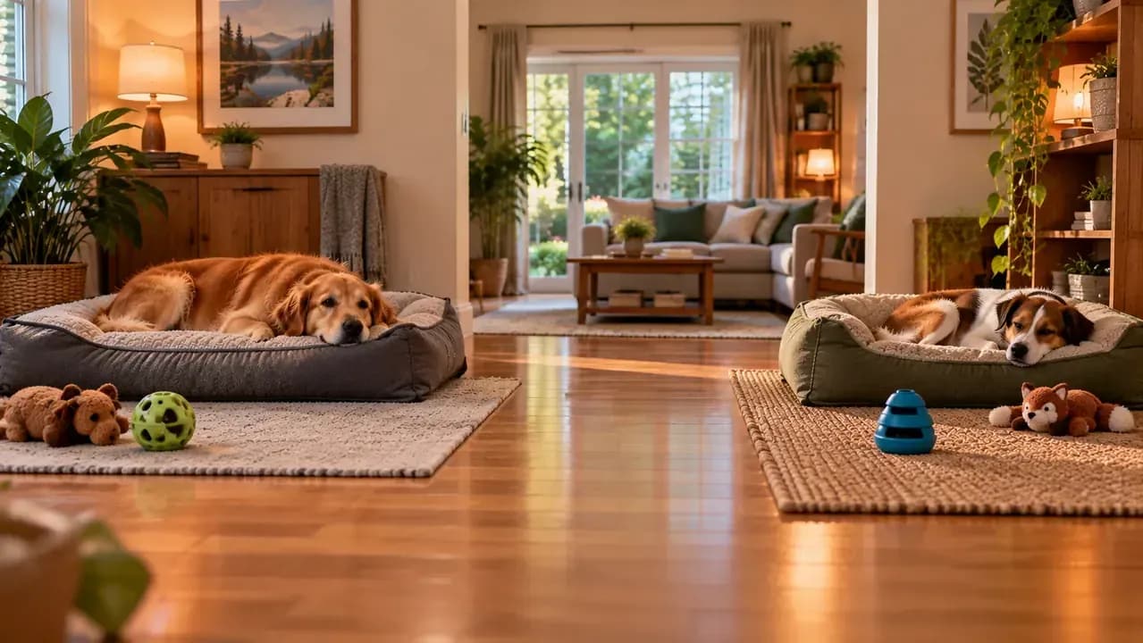 Two dogs resting comfortably on separate beds with generous spacing