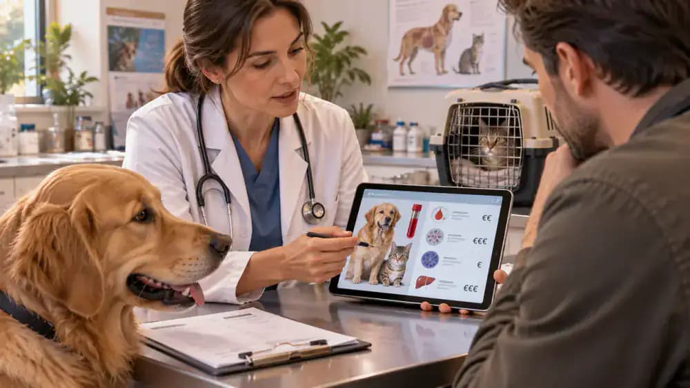 Pet owner reviewing a printed medication schedule and emergency contact instructions with a veterinarian