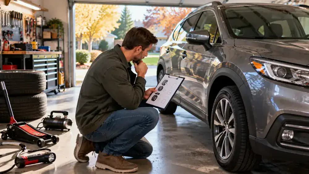 Five-panel tire safety checklist showing a safely parked vehicle, the driver's door pressure placard, a gauge checking an undamaged tire, a replaced valve cap, and a visual tread and sidewall inspection.
