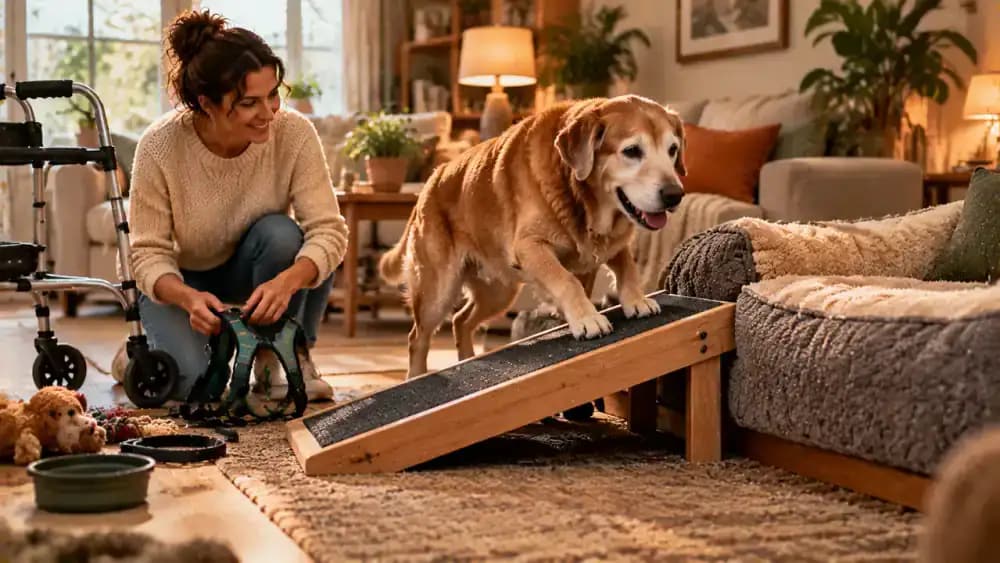 Adopted dog shown at three life stages, from an energetic puppy exploring a garden to an adult on a neighborhood walk and an older dog resting beside a low-entry bed and supportive ramp.