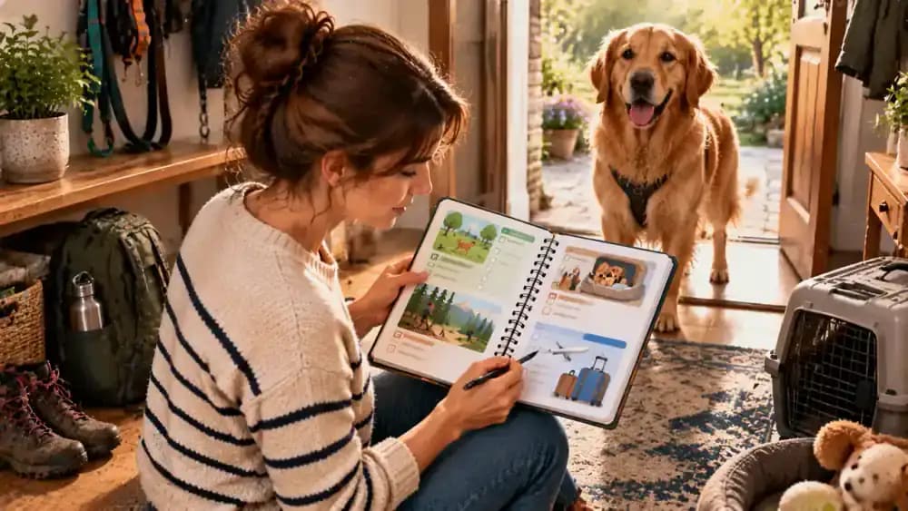 Pet owner reviewing a monthly activity planner with a dog park visit, woodland hike, boarding reservation, and upcoming trip, adding parasite exposure questions for the veterinarian.
