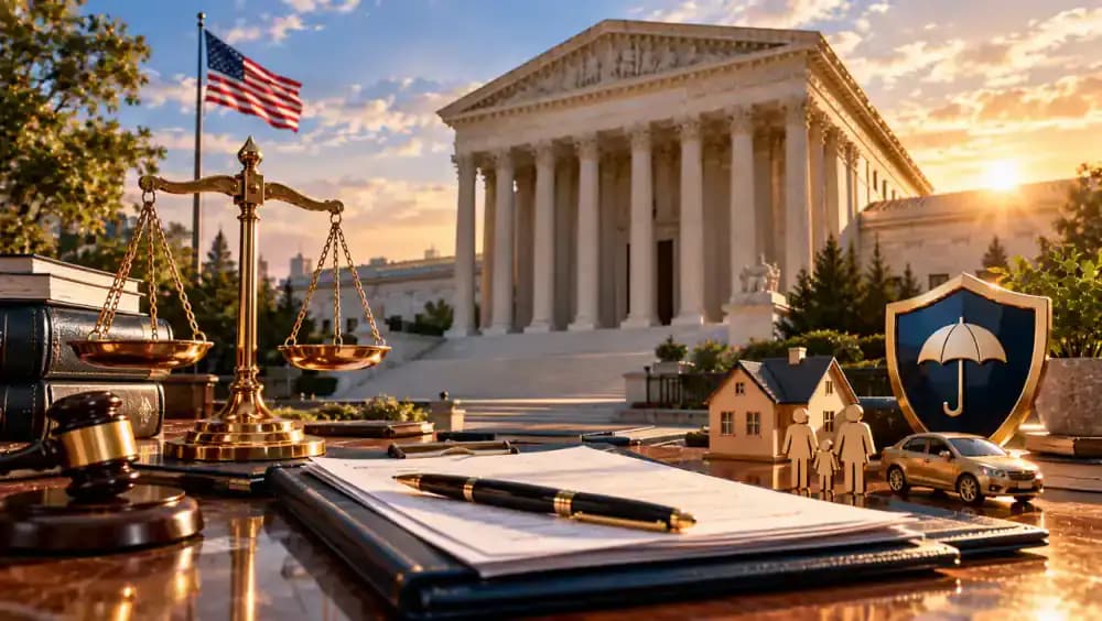 Government courthouse with insurance documents and justice scales representing annuity regulatory oversight.