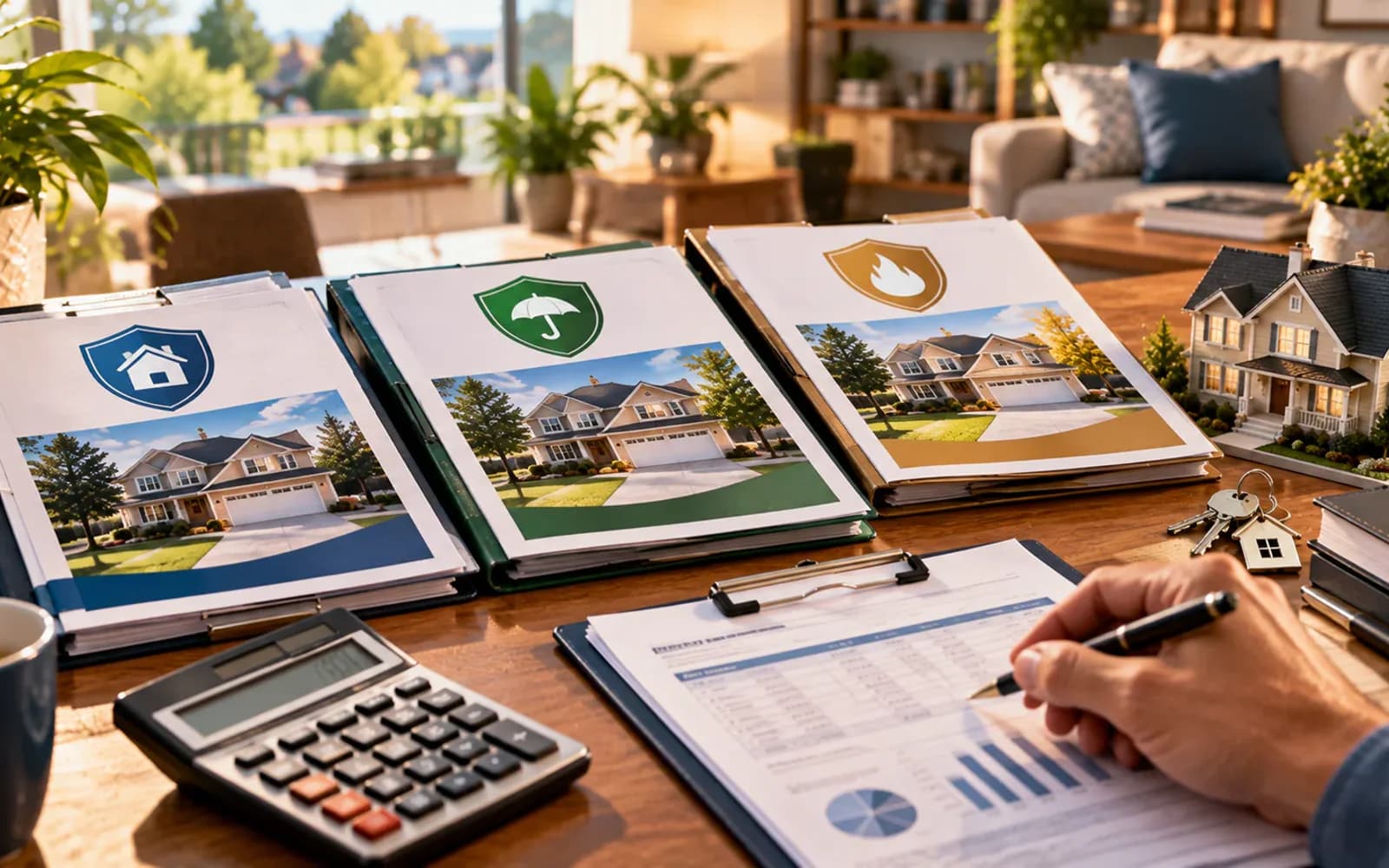 Several insurance quote folders beside a calculator