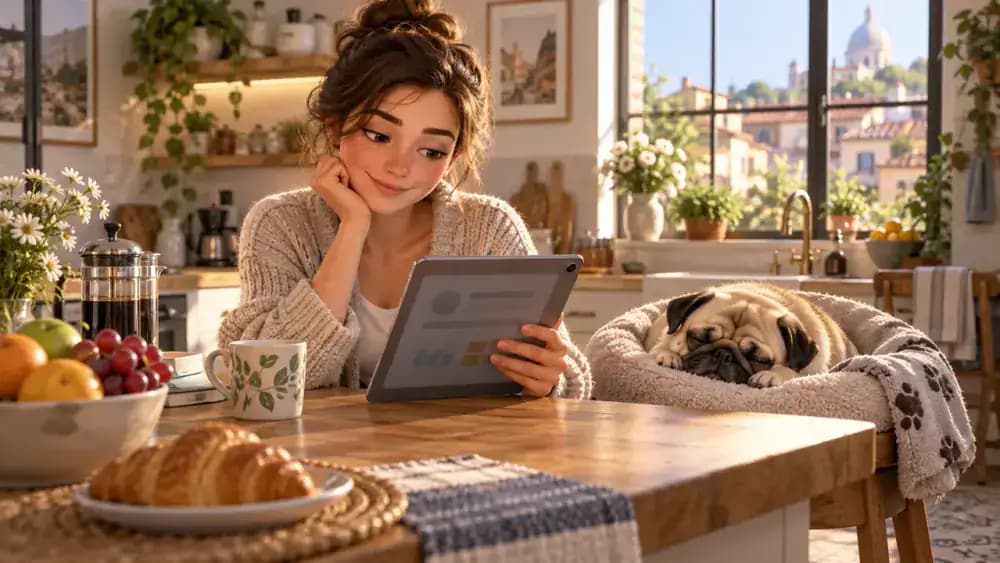 Pug resting beside an owner checking pet records and future appointments during a monthly review