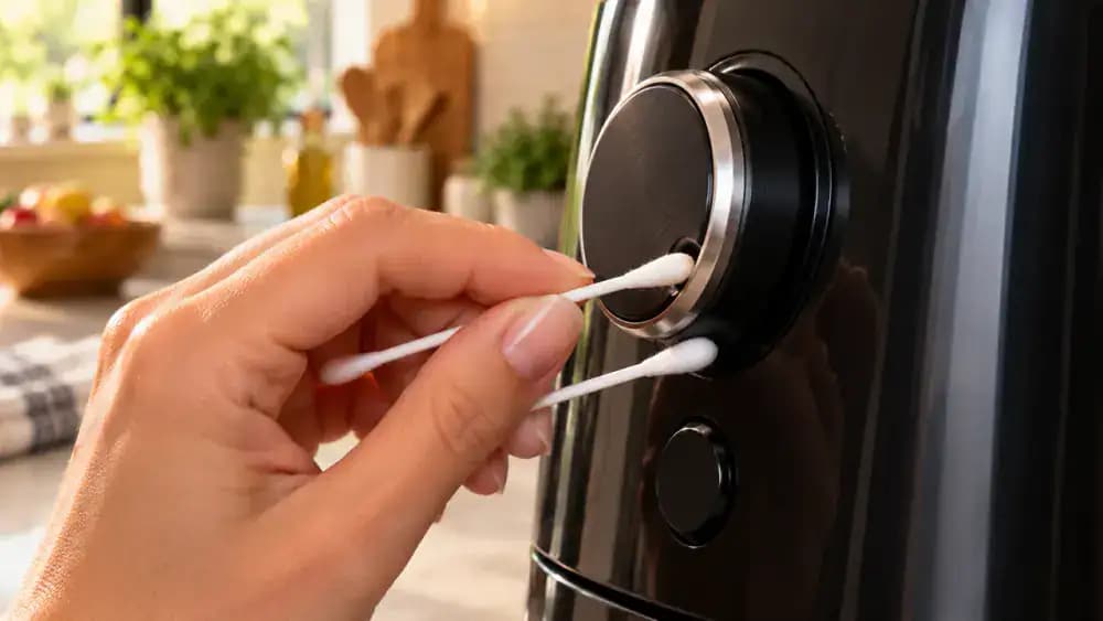 Extreme side-profile close-up of a raised appliance control knob being cleaned around its outer rim with a barely damp cotton swab while a dry swab follows behind, keeping moisture out of the narrow gap.
