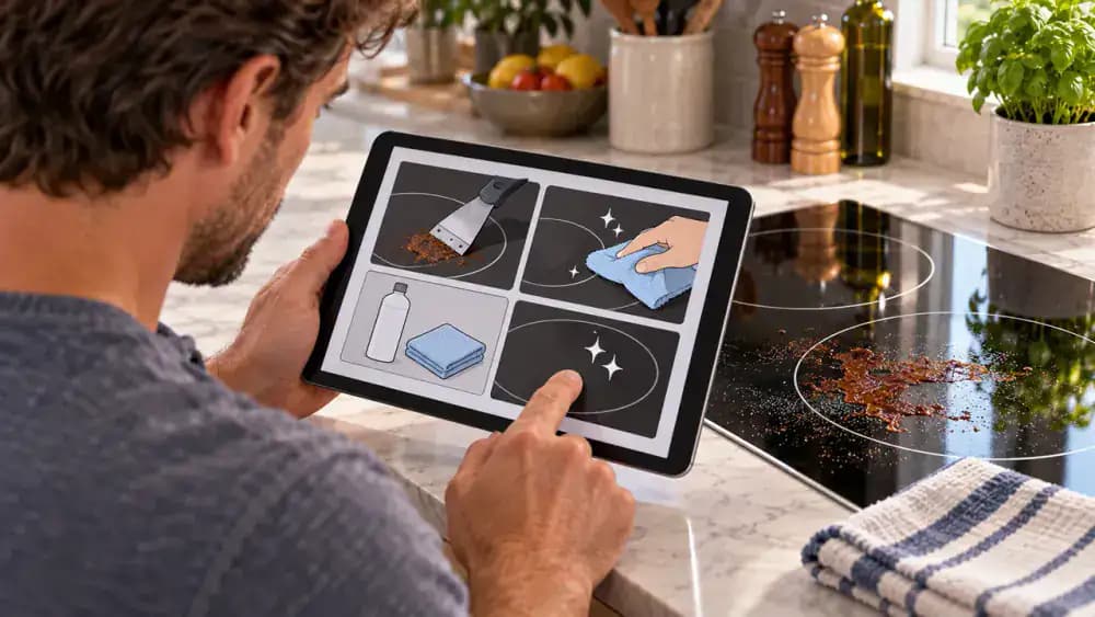 Over-the-shoulder view of a person scrolling through a tablet displaying illustrated glass-ceramic cooktop care instructions beside a cooled black cooktop with a small hardened tomato sauce deposit near the rear-left burner and a folded microfiber cloth on the countertop.