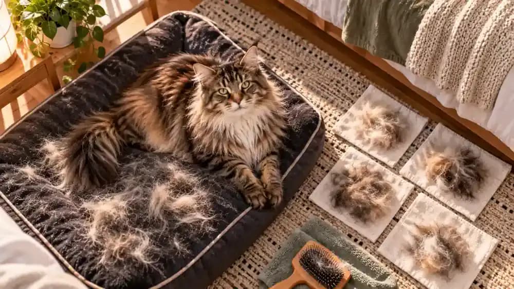 Long-haired Ragdoll cat resting calmly on a padded grooming table while a groomer gently separates a hidden shoulder tangle and switches from a slicker brush to a wide-toothed comb.
