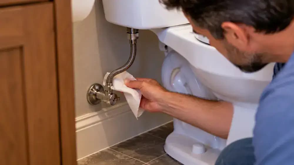 Close-up of a homeowner using a dry white paper towel to check the braided toilet water supply line, metal shutoff valve, and tank-to-bowl connections for moisture, with a clean tile floor visible around the toilet base.