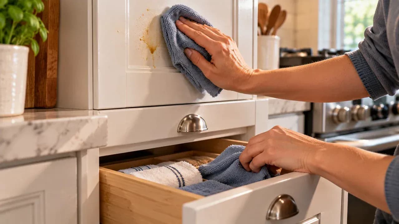 Hand using a clean microfiber cloth to wipe one small fingerprint-sized grease mark from a painted kitchen cabinet while leaving the rest of the cabinet untouched.