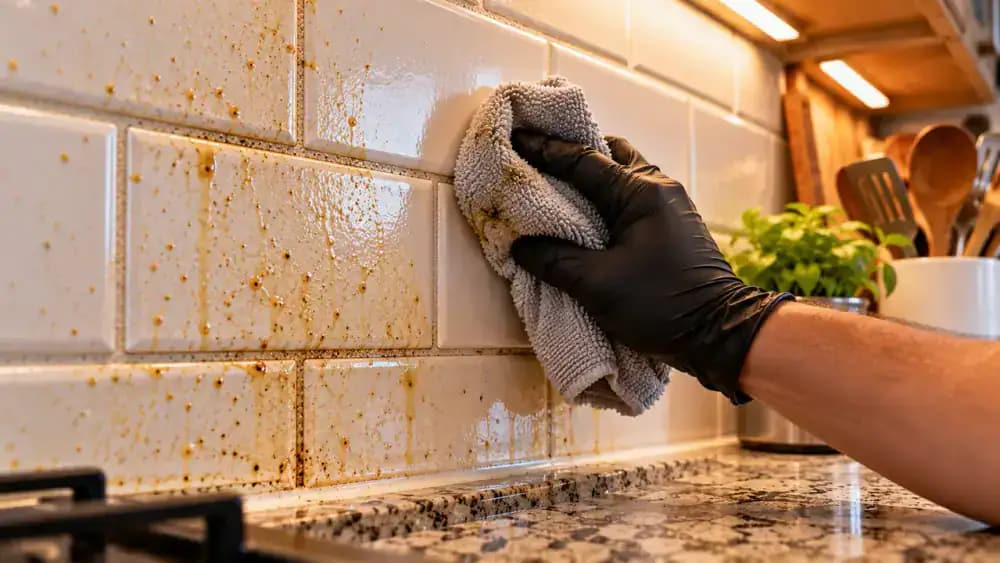 Homeowner wearing blue nitrile gloves wiping fresh cooking grease splatters from cream ceramic subway backsplash tiles near a cool stainless steel stovetop using an orange microfiber cloth.
