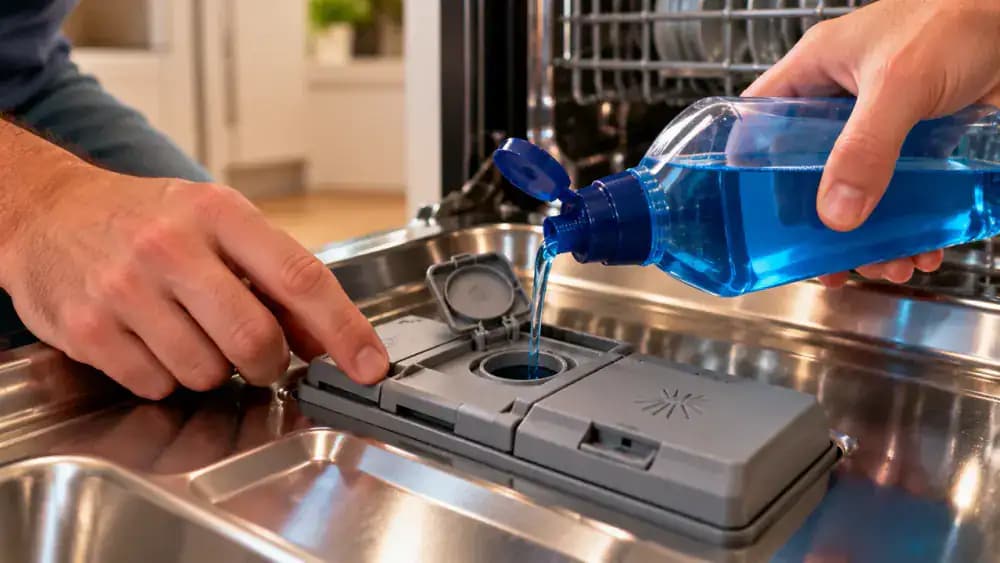 Close-up of a person refilling the dedicated dishwasher rinse aid reservoir with a narrow-spout bottle, closing the dispenser cap, and adjusting the numbered rinse aid dial according to the appliance manual.