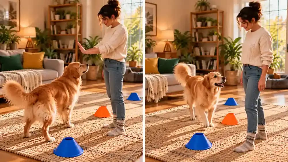 Side-by-side demonstration showing an owner blocking a dog's path beside a low obstacle, then standing sideways with relaxed hands and leaving enough space for the dog to walk through comfortably.