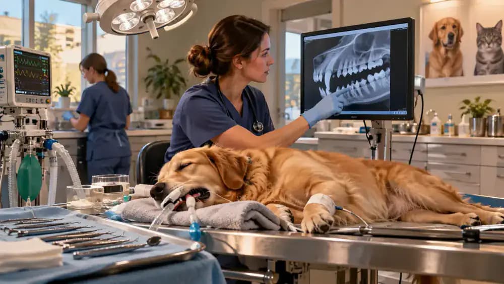 Veterinarian reviewing a canine dental radiograph beside dental equipment and an anesthetized monitored dog