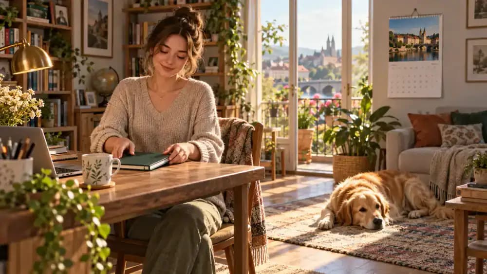 Emma closes her training notebook in a bright home study while Bailey relaxes in a patch of afternoon sunlight beside the desk. A wall calendar hangs nearby.